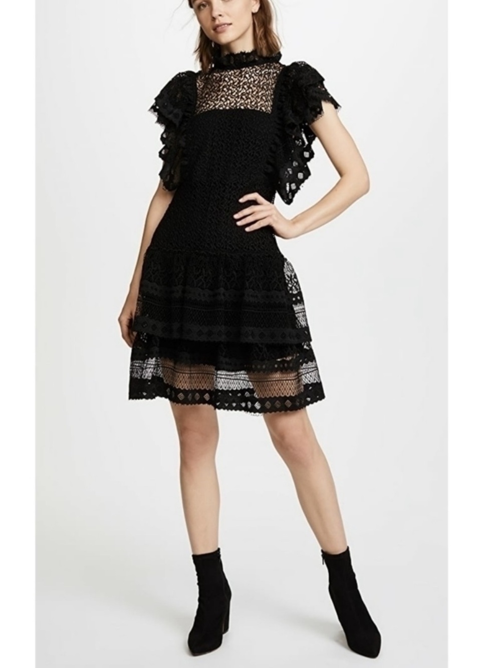 Anine Bing Penelope Lace Ruffle Dress in Black Size XS